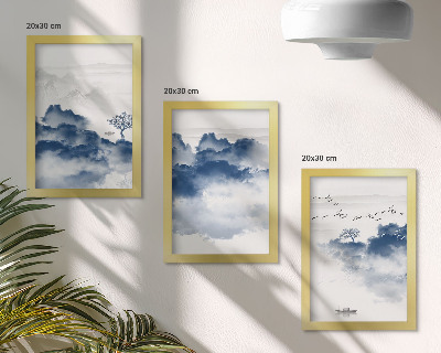 Conjunto de 3 quadros decorativos Montanhas em forma de nuvens com árvores e pássaros ao fundo.