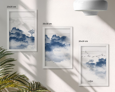 Conjunto de 3 quadros decorativos Montanhas em forma de nuvens com árvores e pássaros ao fundo.