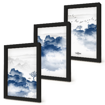 Conjunto de 3 quadros decorativos Montanhas em forma de nuvens com árvores e pássaros ao fundo.