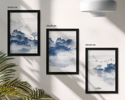 Conjunto de 3 quadros decorativos Montanhas em forma de nuvens com árvores e pássaros ao fundo.