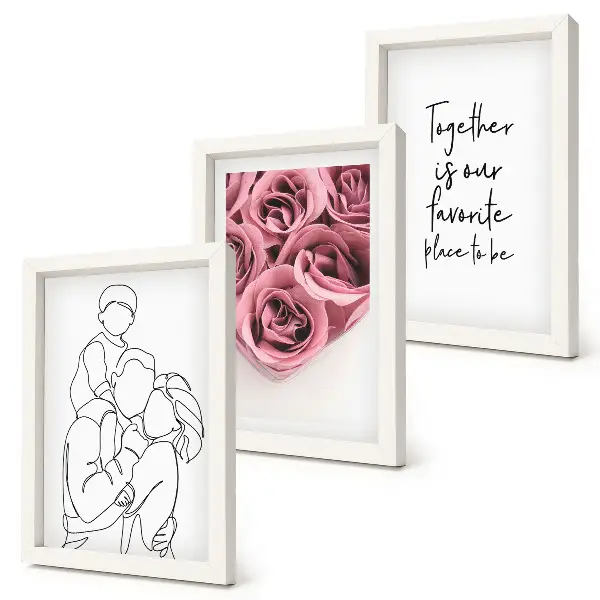 Tríptico com moldura desenho de família com buquês de rosas e inscrição para casa