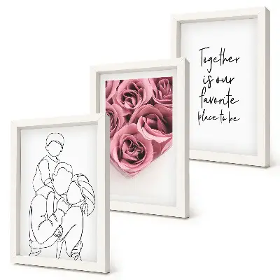 Tríptico com moldura desenho de família com buquês de rosas e inscrição para casa