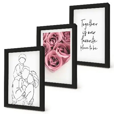 Tríptico com moldura desenho de família com buquês de rosas e inscrição para casa