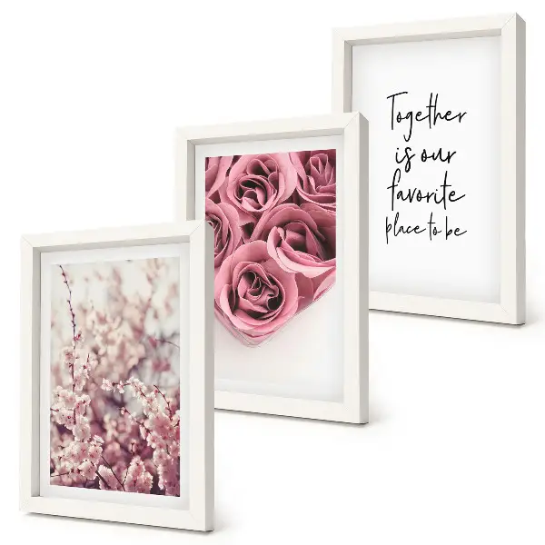 Conjunto de 3 quadros decorativos com flores e buquês de rosas com inscrição feita à mão