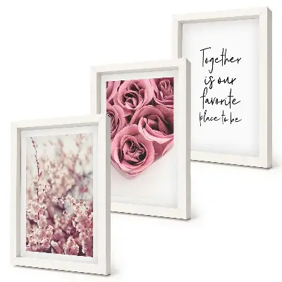 Conjunto de 3 quadros decorativos com flores e buquês de rosas com inscrição feita à mão