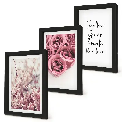 Conjunto de 3 quadros decorativos com flores e buquês de rosas com inscrição feita à mão