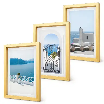 Conjunto de 3 quadros decorativos com vista para o mar e edifícios brancos na Grécia