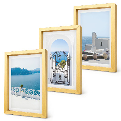 Conjunto de 3 quadros decorativos Vista para o mar com edifícios brancos na Grécia