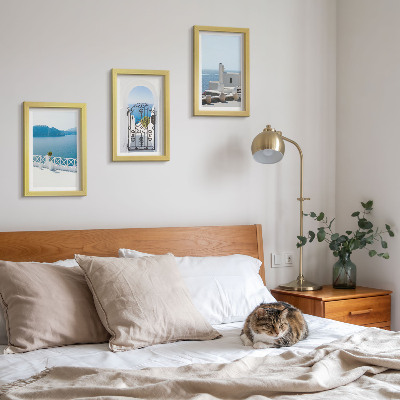 Conjunto de 3 quadros decorativos Vista para o mar com edifícios brancos na Grécia