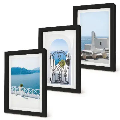 Conjunto de 3 quadros decorativos com vista para o mar e edifícios brancos na Grécia