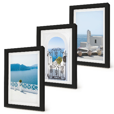 Conjunto de 3 quadros decorativos Vista para o mar com edifícios brancos na Grécia