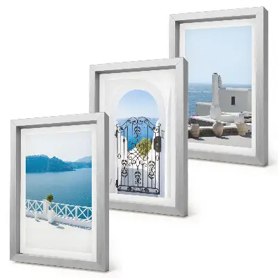 Conjunto de 3 quadros decorativos com vista para o mar e edifícios brancos na Grécia