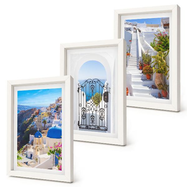 Conjunto de molduras com imagens Vistas de Santorini, arquitetura grega de Oia