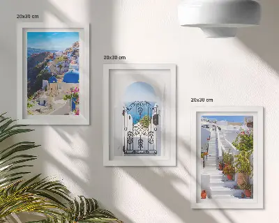 Conjunto de quadros com imagens vistas de Santorini com arquitetura grega de Oia