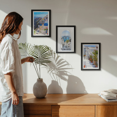 Conjunto de molduras com imagens Vistas de Santorini, arquitetura grega de Oia