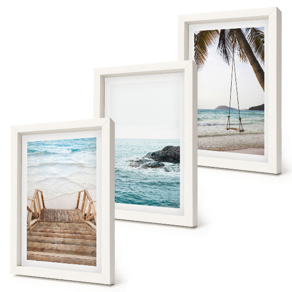 Conjunto de 3 quadros decorativos Escadaria para a praia, vista para o mar e balanço em uma palmeira.