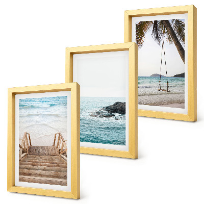 Conjunto de 3 quadros decorativos Escadaria para a praia, vista para o mar e balanço em uma palmeira.