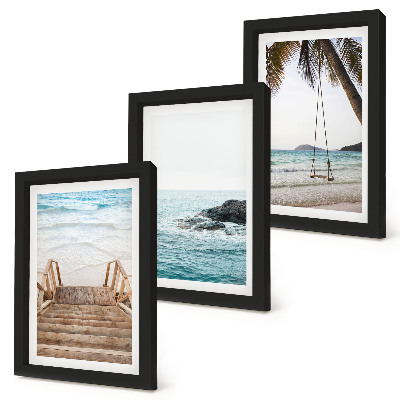 Conjunto de 3 quadros decorativos Escadaria para a praia, vista para o mar e balanço em uma palmeira.