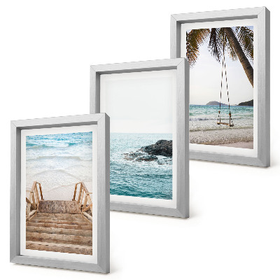 Conjunto de 3 quadros decorativos Escadaria para a praia, vista para o mar e balanço em uma palmeira.