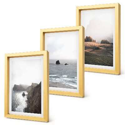 Conjunto de molduras com imagens Paisagens de montanha e mar com nuvens e florestas.