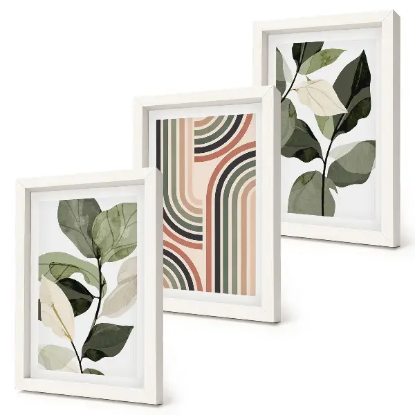 Conjunto de 3 quadros decorativos com motivos vegetais e padrões geométricos em tons de verde