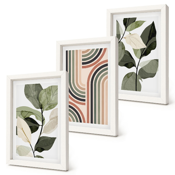 Conjunto de 3 quadros decorativos Motivos vegetais com padrões geométricos em tons de verde.