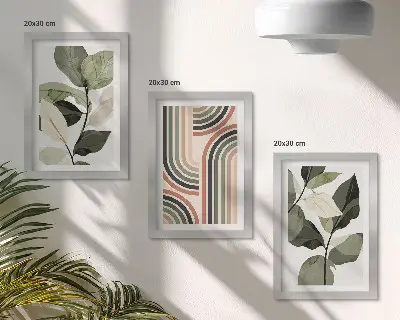 Conjunto de 3 quadros decorativos com motivos vegetais e padrões geométricos em tons de verde