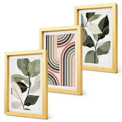 Conjunto de 3 quadros decorativos com motivos vegetais e padrões geométricos em tons de verde