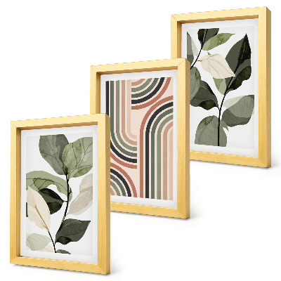 Conjunto de 3 quadros decorativos Motivos vegetais com padrões geométricos em tons de verde.