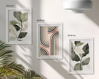 Conjunto de 3 quadros decorativos com motivos vegetais e padrões geométricos em tons de verde
