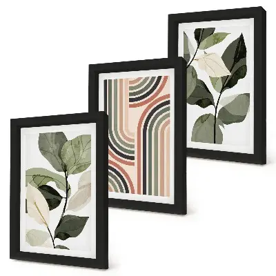 Conjunto de 3 quadros decorativos com motivos vegetais e padrões geométricos em tons de verde