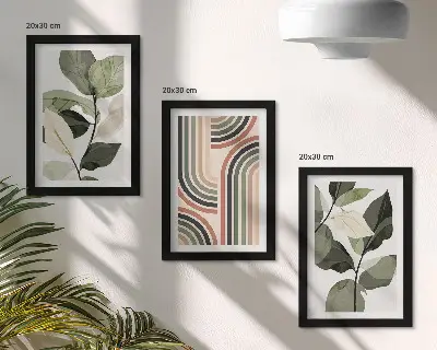 Conjunto de 3 quadros decorativos com motivos vegetais e padrões geométricos em tons de verde