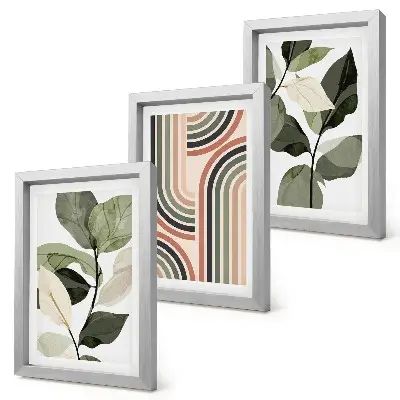 Conjunto de 3 quadros decorativos com motivos vegetais e padrões geométricos em tons de verde