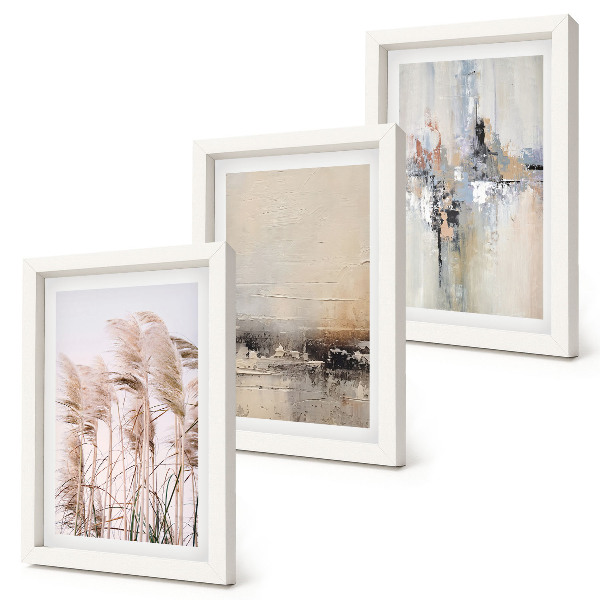 Tríptico com moldura Vegetação natural, padrões abstratos em cores suaves.
