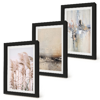 Tríptico com moldura Vegetação natural, padrões abstratos em cores suaves.