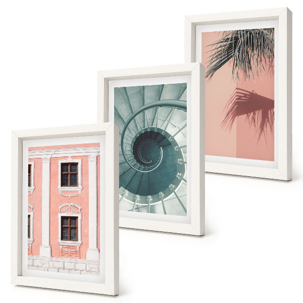 Conjunto de 3 quadros decorativos Arquitetura em tons pastel e padrões em espiral.