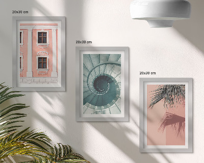 Conjunto de 3 quadros decorativos Arquitetura em tons pastel e padrões em espiral.