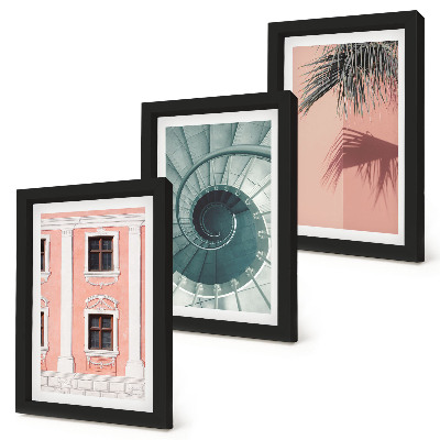 Conjunto de 3 quadros decorativos Arquitetura em tons pastel e padrões em espiral.