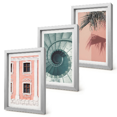 Conjunto de 3 quadros decorativos Arquitetura em tons pastel e padrões em espiral.