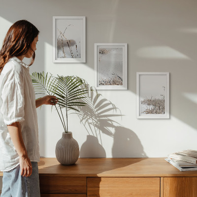Conjunto de 3 quadros decorativos Vegetação aquática, vistas delicadas de verão.