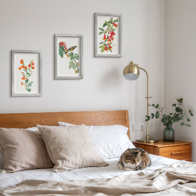 Tríptico com moldura Flores retrô pintadas e um pássaro em um galho