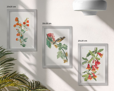 Tríptico com moldura Flores retrô pintadas e um pássaro em um galho