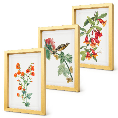 Tríptico com moldura Flores retrô pintadas e um pássaro em um galho