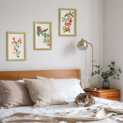 Tríptico com moldura Flores retrô pintadas e um pássaro em um galho