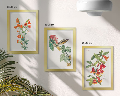 Tríptico com moldura Flores retrô pintadas e um pássaro em um galho