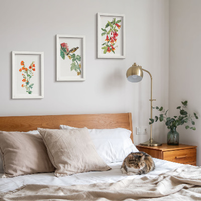 Tríptico com moldura Flores retrô pintadas e um pássaro em um galho