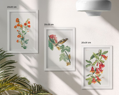 Tríptico com moldura Flores retrô pintadas e um pássaro em um galho