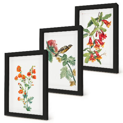 Tríptico com moldura Flores retrô pintadas e um pássaro em um galho