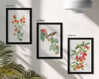 Tríptico com moldura Flores retrô pintadas e um pássaro em um galho