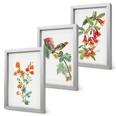 Tríptico com moldura Flores retrô pintadas e um pássaro em um galho